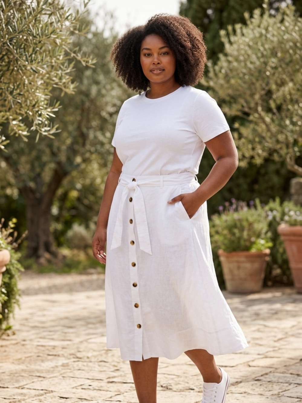 CONTEMPORIANE White Button-Front Tie-Waist linen Skirt A-Line size 14